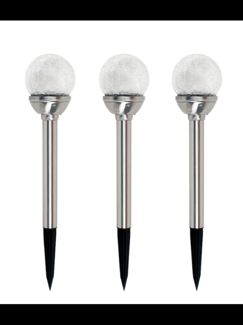 NIB Fusion Solar Stainless Steel Crackle Glass Ball Stake Light 3-Pack Colour